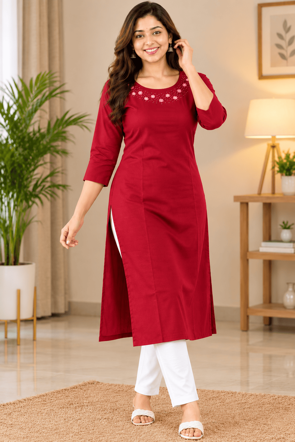 Red Premium-Quality Kurti for Women with Elegant Floral Embroidery